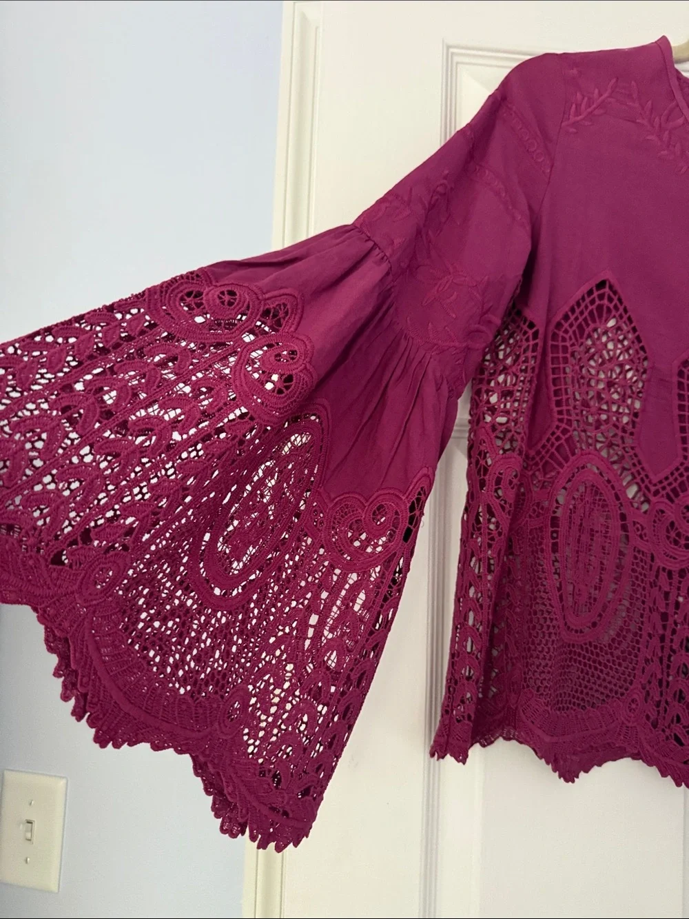 Embroidered Crochet Detail Peasant Top - Fuchsia from Anthropologie